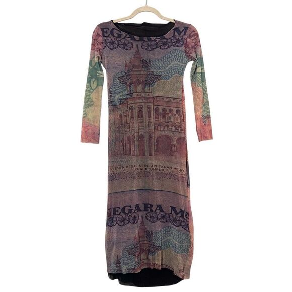 Gazebo Dresses & Skirts - Gazebo Italy Y2K Mesh Midi Dress Size S Off Shoulder Cathedral Print 3/4 Sleeve
